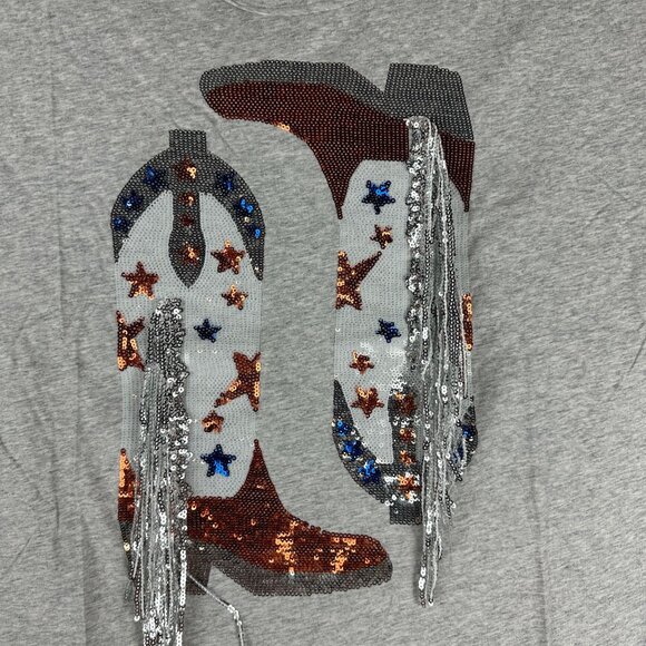 Blue b. Collection Heather Grey T-Shirt With Sequin Cowboy Boots Design Size S - Picture 1 of 7